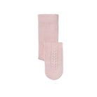 Pink sock with cable knit pattern on a white background