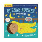 Spanish children's board book cover titled 'BUENAS NOCHES / GOOD NIGHT' by Becky Paige, showing an illustrated child sleeping in yellow pajamas under a starry night sky.