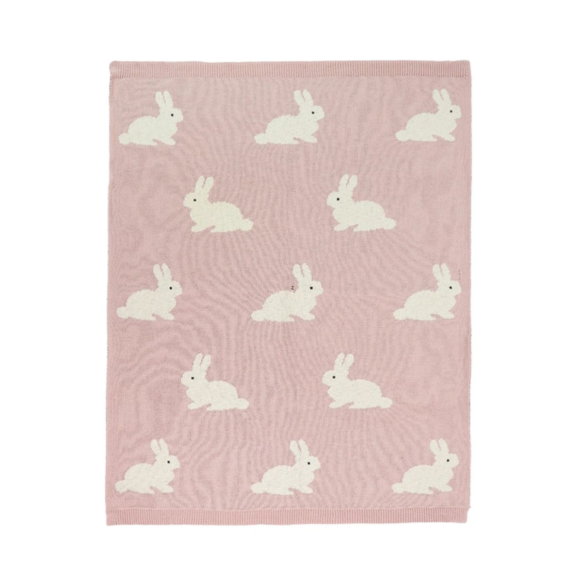 A square pink textile item, likely a baby blanket or towel, featuring a repeating pattern of white rabbits, shown flat against a white background.
