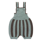 A handmade knit baby romper in a sage green and dark brown striped pattern, shown flat against a solid white background.