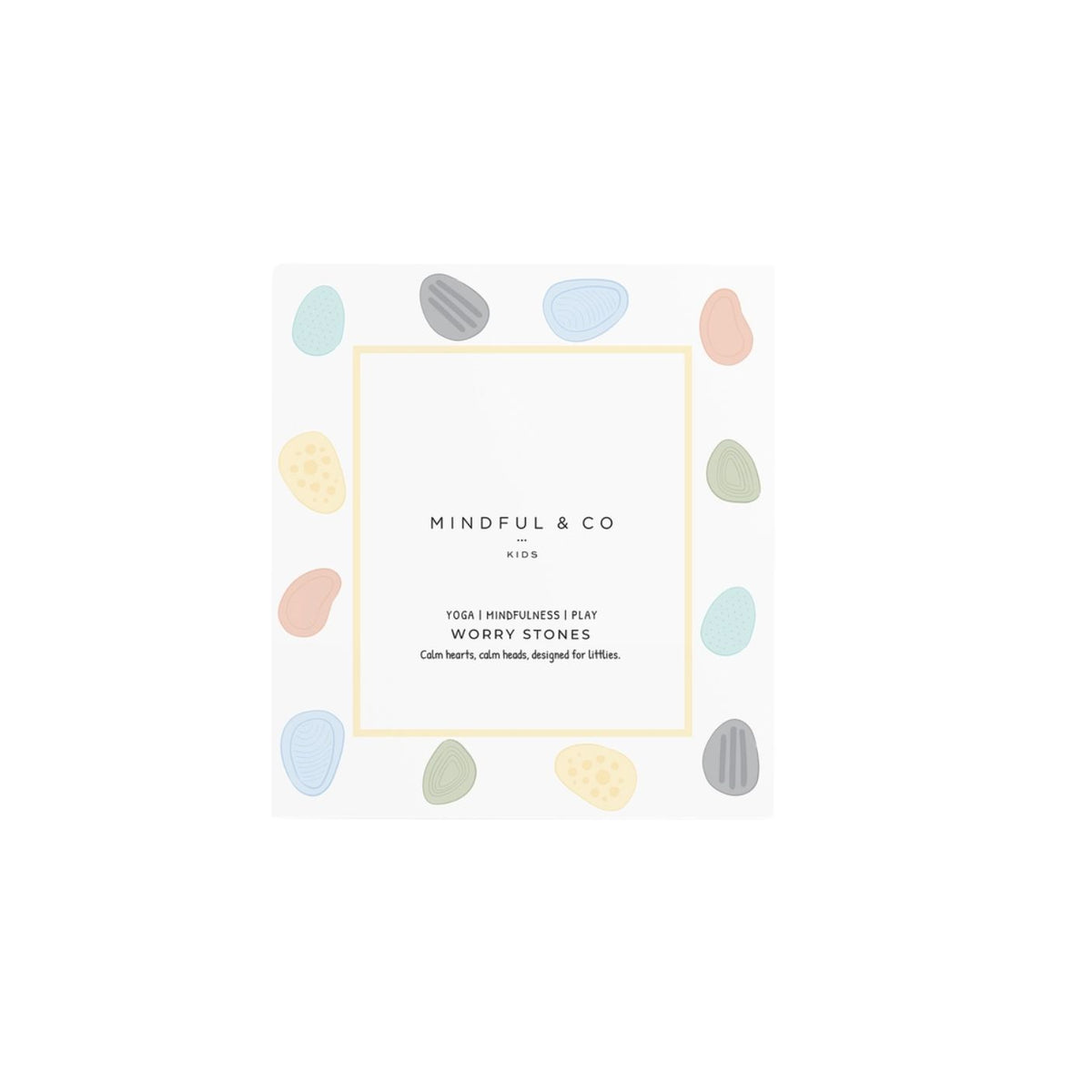 Packaging of colorful worry stones with 'Mindful & Co' branding on a white background