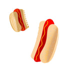 Two hot dog illustrations with buns and ketchup on a white background