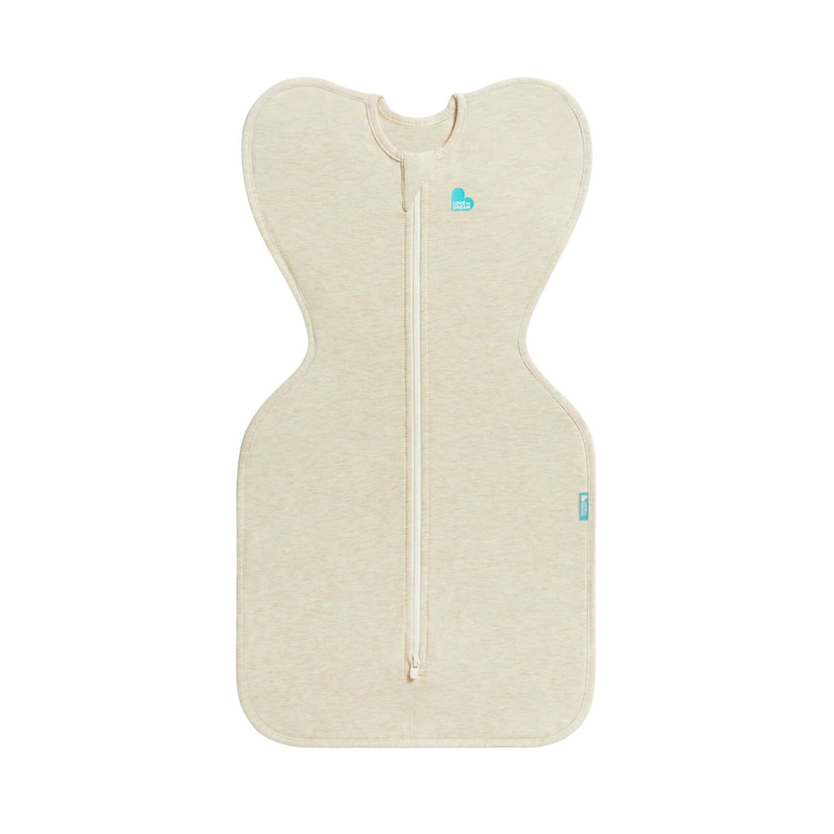 A light beige baby sleep sack with a front zipper, featuring a small blue cloud logo near the neckline and a matching logo on the side, shown against a plain white background.