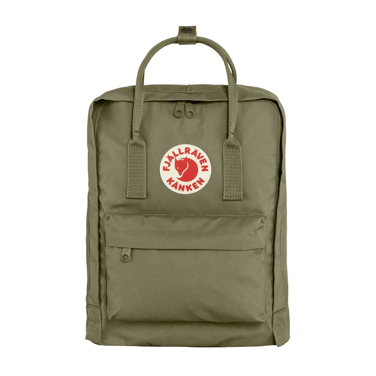 Green backpack with Fjällräven Kånken logo on a white background