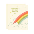 Card with rainbow and 'Blessings on your Baptism Day' text on a beige background