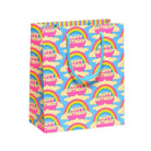 Gift bag with 'Happy Birthday' text and rainbow patterns on a white background