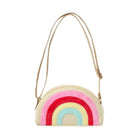 A small crescent-shaped crossbody bag with a pastel rainbow design in pink, red, yellow, and light blue on a cream background, featuring a beige shoulder strap and gold-tone hardware.