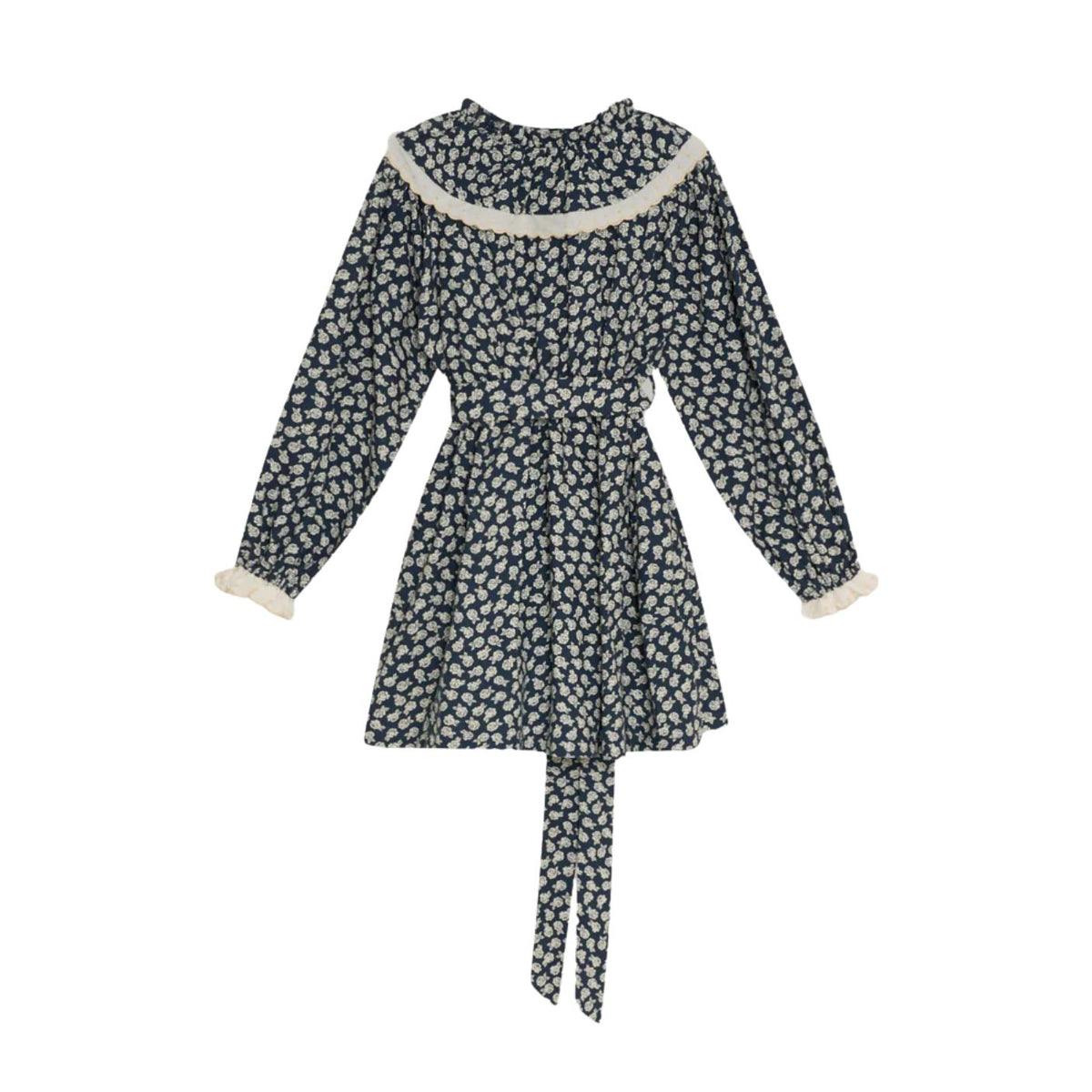 A long-sleeve belted dress with a small white floral print on a dark navy background, featuring a wide cream-colored collar and matching cream cuffs.