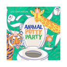 Children's book cover for 'Animal Potty Party' by Liz Swenson, featuring a playful illustration of a toilet with an open lid surrounded by cartoon animals and rolling paper on a green background.