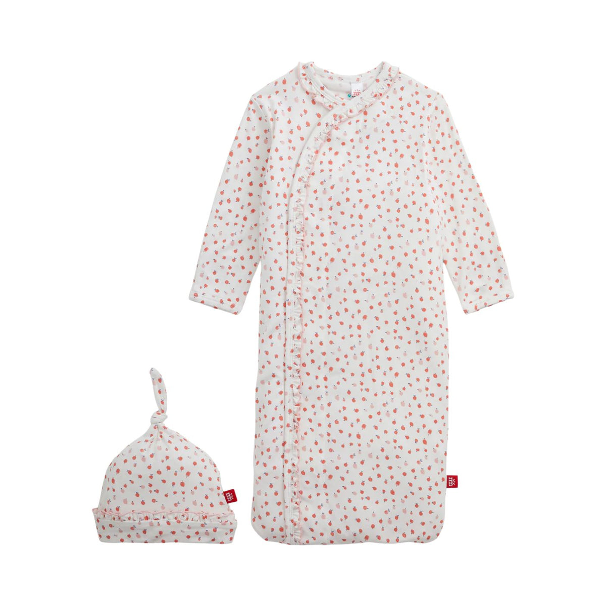 A baby sleep sack and matching beanie set in a soft off-white cotton muslin fabric with a small red floral print, shown on a plain white background.