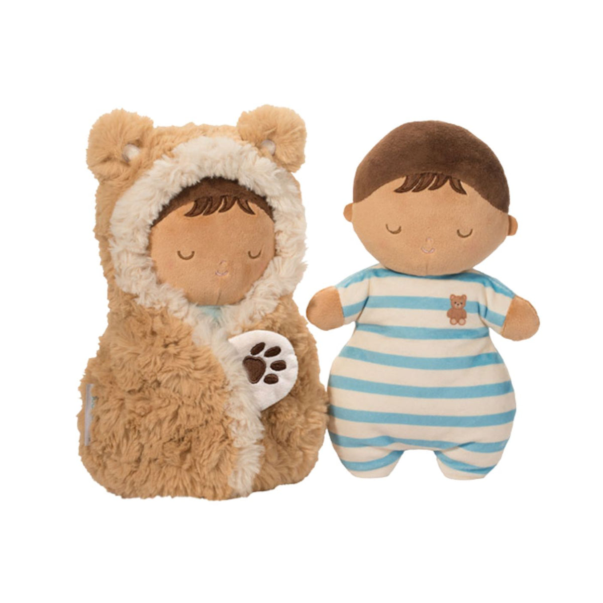 Two plush dolls on a plain white background: one doll is wrapped in a fuzzy tan bear costume with a cream hood and a paw-print detail, and the other doll wears a light blue and white striped one-piece with brown hair.