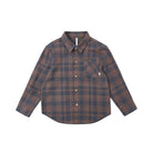 A long-sleeve button-up shirt with a blue and brown plaid pattern, featuring a chest pocket and a small white brand tag on the pocket, displayed on a clean white background.