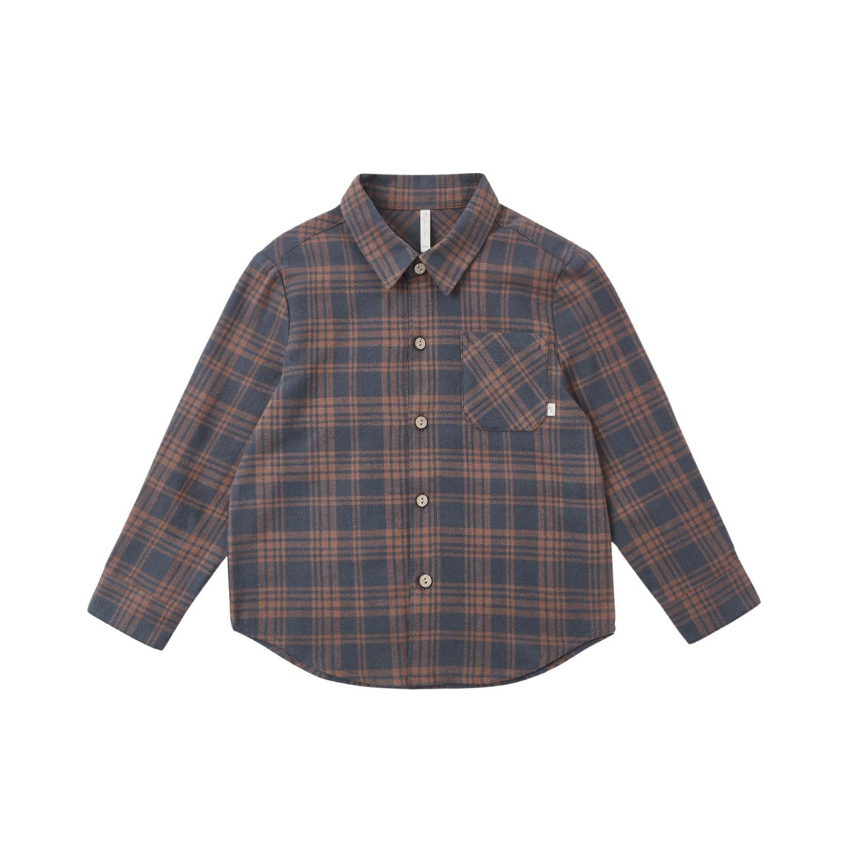 A long-sleeve button-up shirt with a blue and brown plaid pattern, featuring a chest pocket and a small white brand tag on the pocket, displayed on a clean white background.