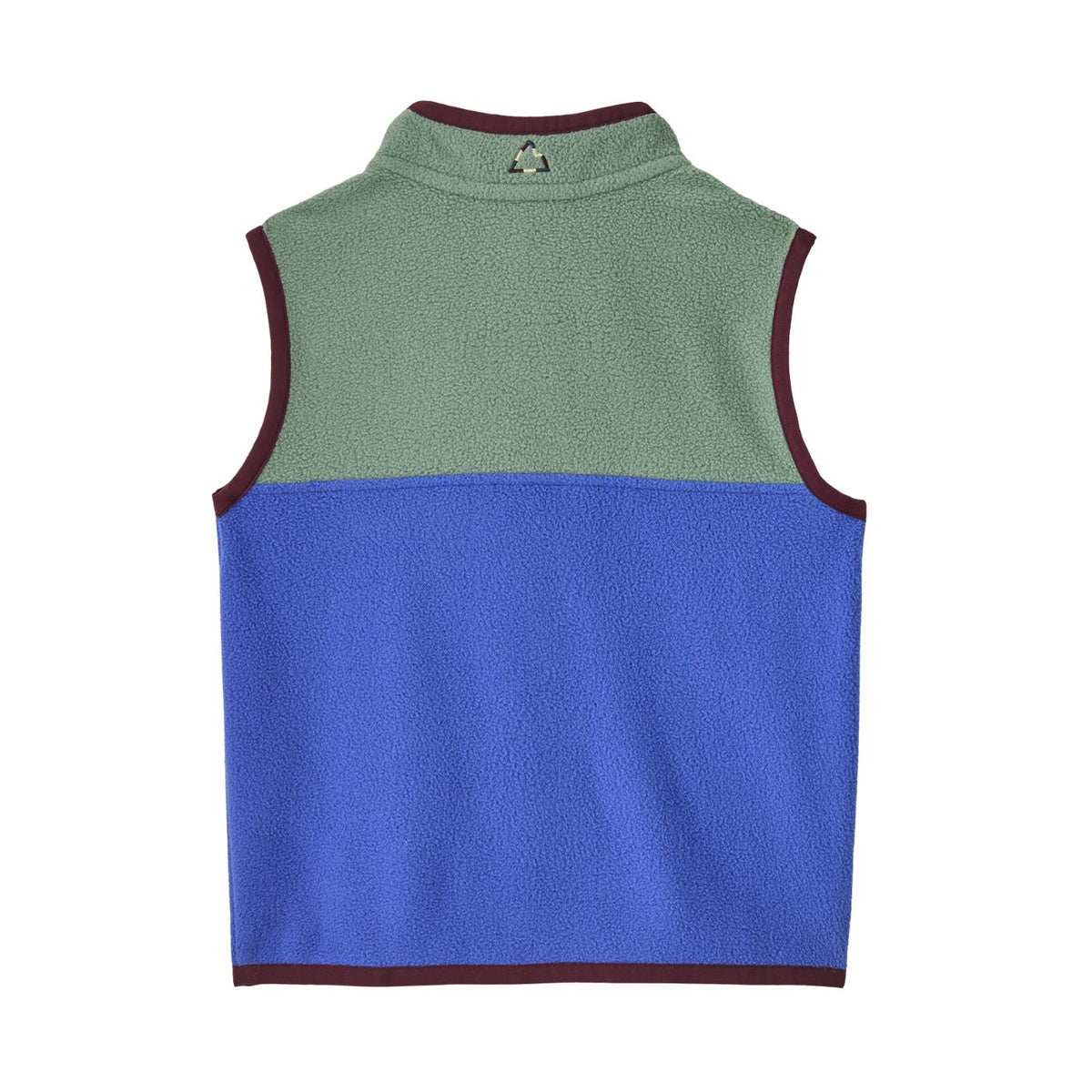 A sleeveless fleece vest shown from the back, featuring a color-blocked design with a sage green upper section, a royal blue lower section, and dark burgundy trim along the collar, armholes, and hem.