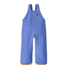A pair of kids' snow bib overalls in a periwinkle blue color, featuring adjustable shoulder straps, a front zipper closure, and a small orange zipper pull, shown against a plain white background.