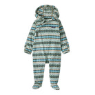 A baby hooded footed one-piece snowsuit with a colorful geometric pattern in shades of blue, green, beige, and white. The Patagonia logo is visible on the chest.