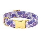 A dog collar with a purple and blue floral pattern on a white background, featuring a polished gold-tone metal buckle and D-ring, shown on a plain white background.