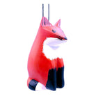 A hand-painted wooden hanging ornament shaped like a fox, featuring a bright red body, white chest and muzzle, and black legs and tail tip, suspended by two black strings against a plain white background.