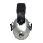 A pair of metallic silver over-ear hearing protection earmuffs with a black adjustable headband and black ear cups, featuring the 'Banz' brand logo printed on the front.