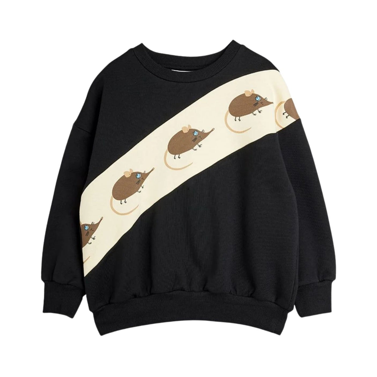 A black crewneck sweatshirt featuring a diagonal cream-colored stripe across the chest with a repeating pattern of cartoon brown mice.