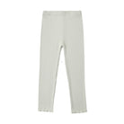 A pair of ribbed knit leggings in a light sage green color, shown flat against a solid white background.