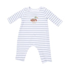 A baby long-sleeve romper with light gray and white horizontal stripes, featuring a small embroidered duck design on the chest, displayed on a clean white background.
