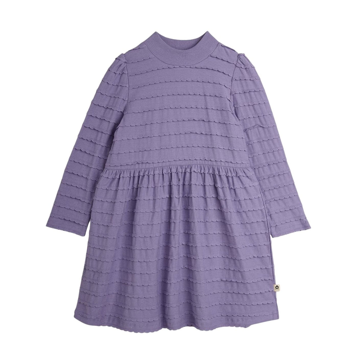 A lavender purple textured dress with long sleeves, a mock neck, and a tiered waist, shown from the back against a light gray background.