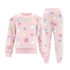 A two-piece children's fleece pajama set in light pink, featuring a long-sleeve sweatshirt and matching pants. The set is decorated with colorful embroidered star appliqués in pink, white, yellow, green, and blue, shown against a plain white background.