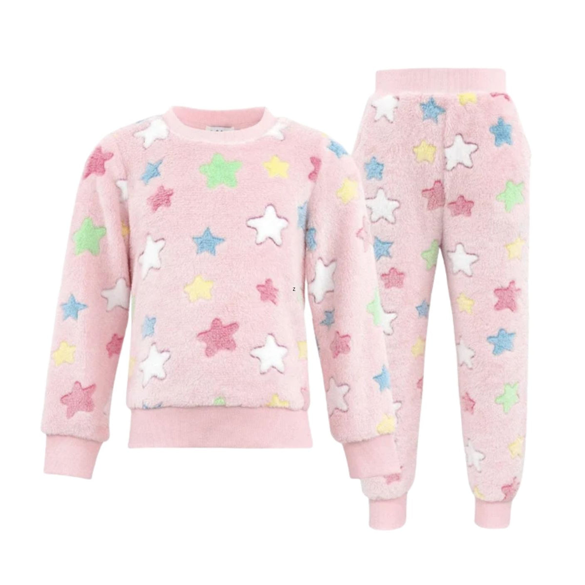 A two-piece children's fleece pajama set in light pink, featuring a long-sleeve sweatshirt and matching pants. The set is decorated with colorful embroidered star appliqués in pink, white, yellow, green, and blue, shown against a plain white background.