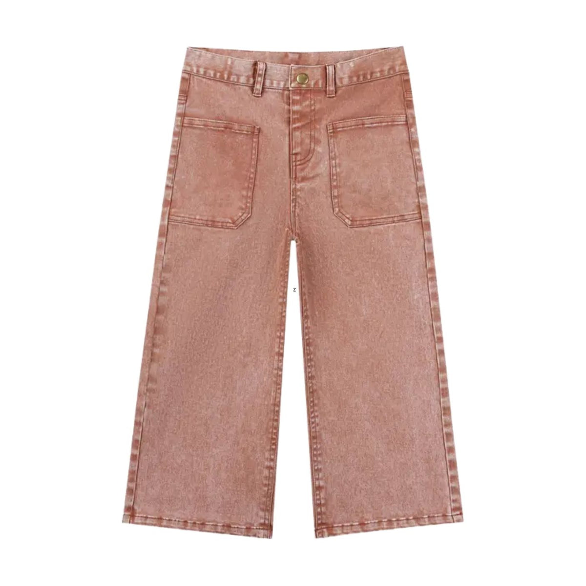 A pair of wide-leg pants in a pumpkin color, styled like denim jeans with a button closure and front pockets, shown flat on a white background.