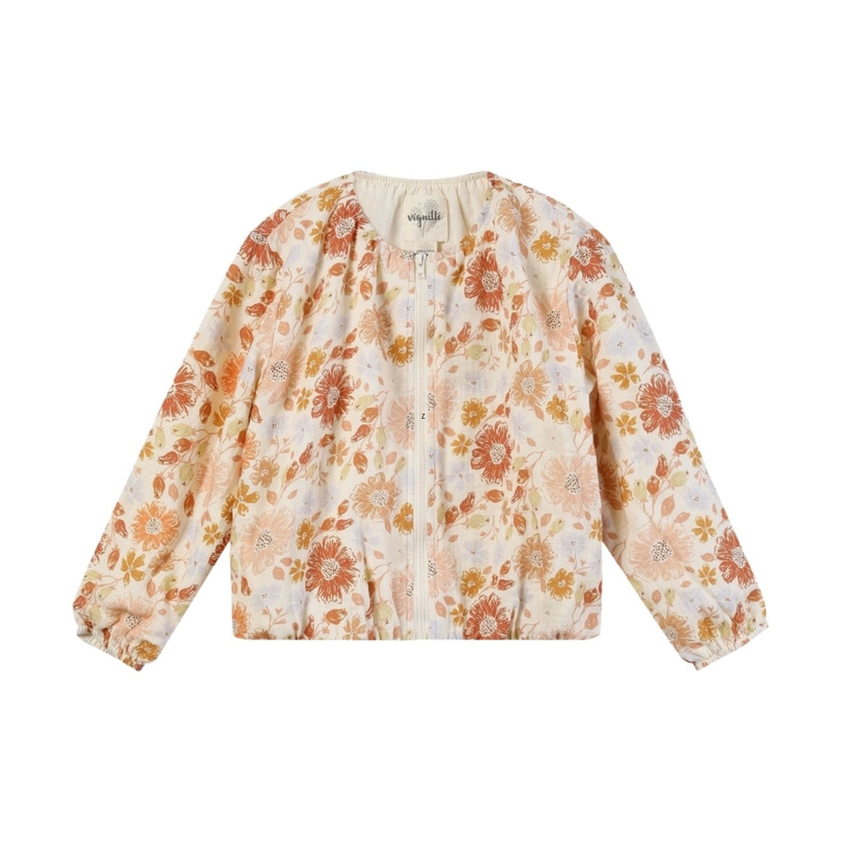 A long-sleeve cropped jacket with a vintage floral print in orange, peach, and yellow on a cream background, featuring a front zipper and elastic cuffs.
