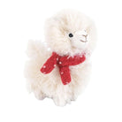 A fluffy white alpaca plush toy wearing a red knit scarf with white polka dots, set against a plain white background.