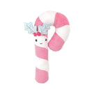 A pink and white striped plush candy cane toy with a cute embroidered face, small blue holly leaves, and red berries on a white background.