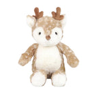 A plush stuffed deer toy with brown antlers, a light brown and white spotted fur pattern, and a cream-colored face and belly, shown against a plain white background.