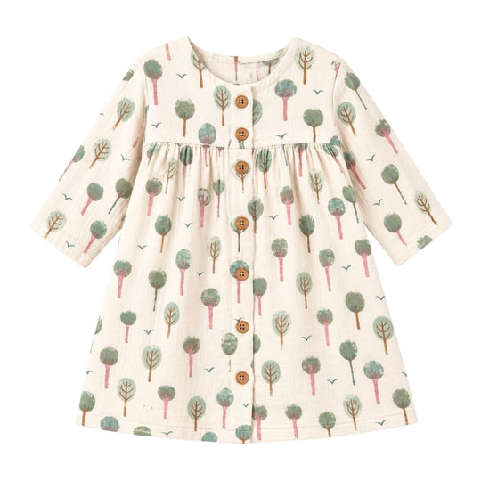 Muslin Long Sleeve Button Front Dress - Evergreen Trail by Apple Park