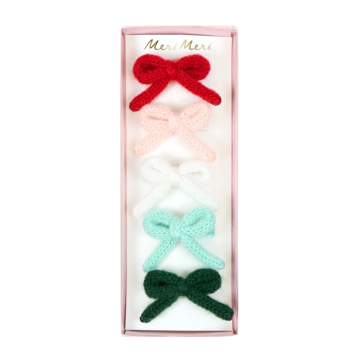 Meri Meri Knitted Bow Hair Clips, featuring a set of five colorful knitted yarn bows in cheerful festive shades.