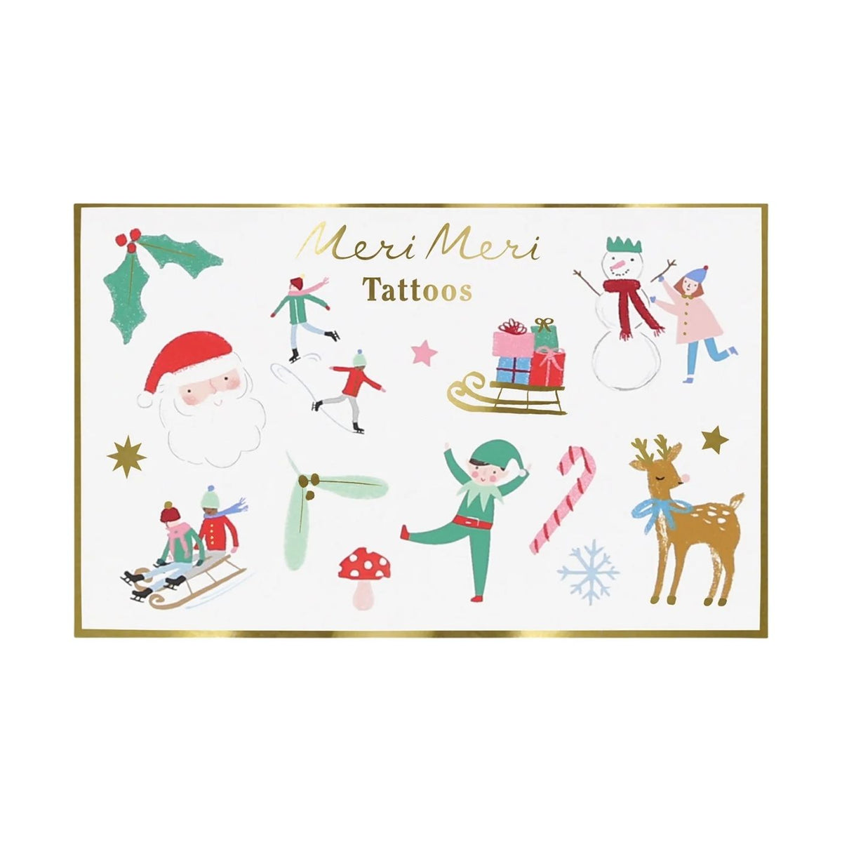 A sheet of Christmas-themed temporary tattoos featuring festive illustrations such as Santa Claus, a snowman, an elf, a reindeer, candy canes, a mushroom, holly, stars, and the text 'Meri Meri Tattoos' on a white background with a gold border.