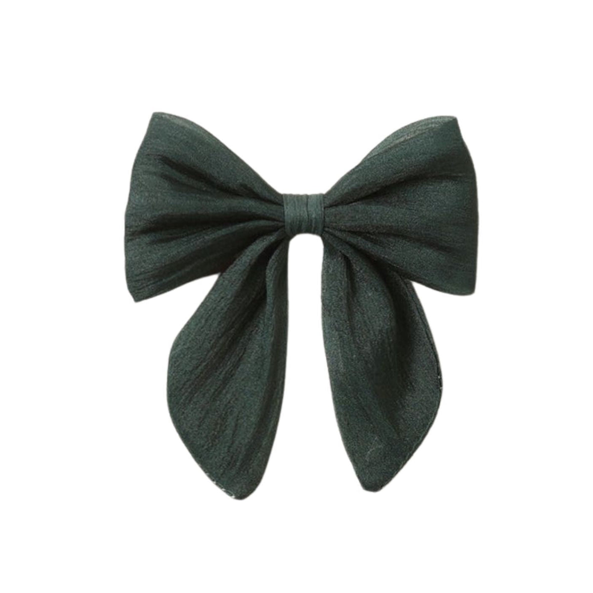 A dark forest green bow made of lightweight, semi-sheer fabric, photographed against a solid white background.