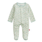 A baby footed sleeper in a pale mint green color with a repeating pattern of cartoon teddy bears, shown against a plain white background.