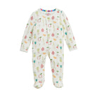 A baby footed sleeper in an off-white color with a colorful fruit and vegetable print, featuring long sleeves and an all-over pattern of illustrated fruits and vegetables.