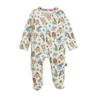 A baby footed sleeper in cream with a colorful cartoon dog and rainbow pattern, shown flat on a white background.