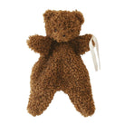 A brown teddy bear plush toy with a curly, textured fur-like surface and a white hanging ribbon, shown against a plain white background.