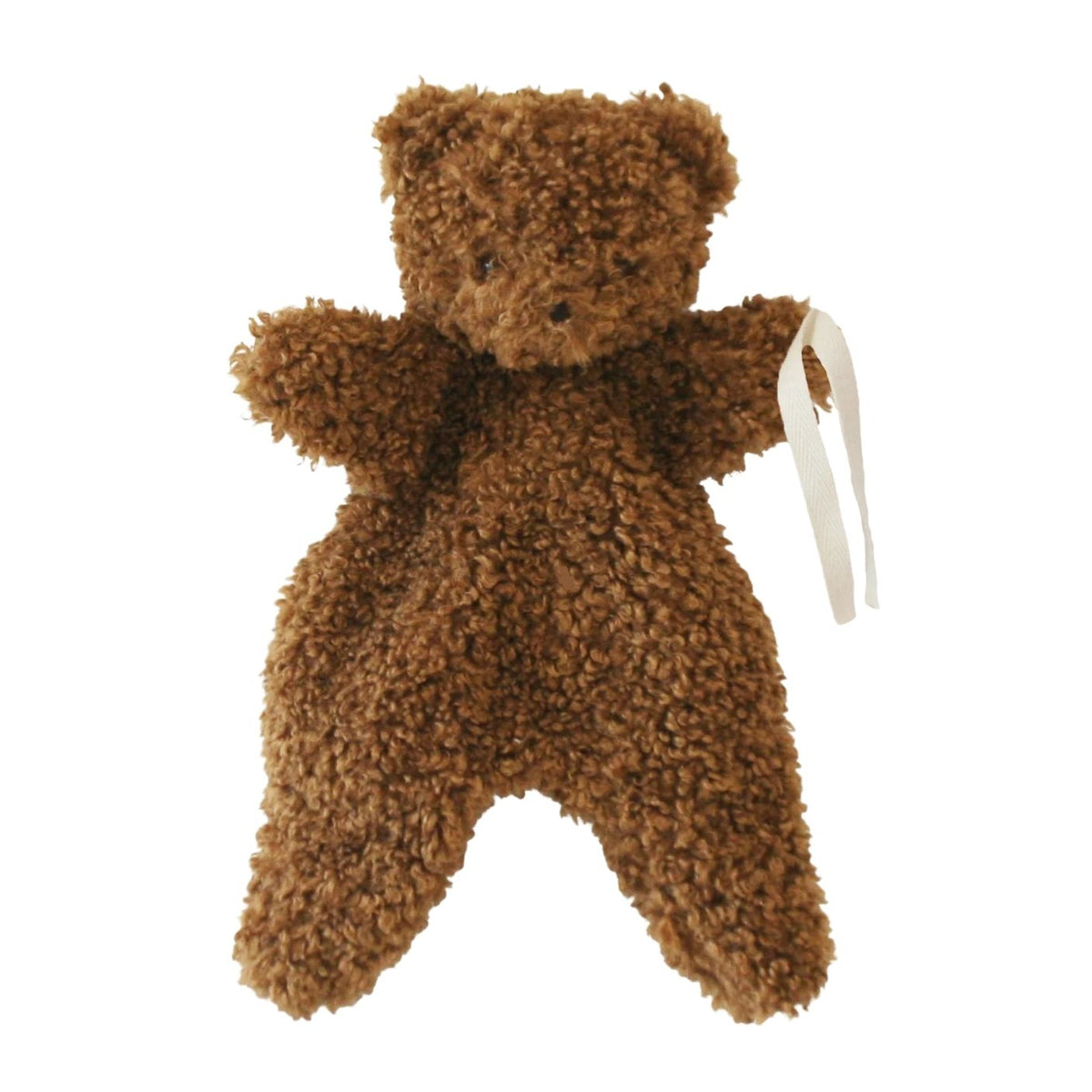 A brown teddy bear plush toy with a curly, textured fur-like surface and a white hanging ribbon, shown against a plain white background.