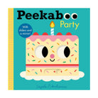 Peekaboo Party baby board book cover by Angela P. Arrhenius, featuring a cute cartoon birthday cake with a mirror slide on a teal background.