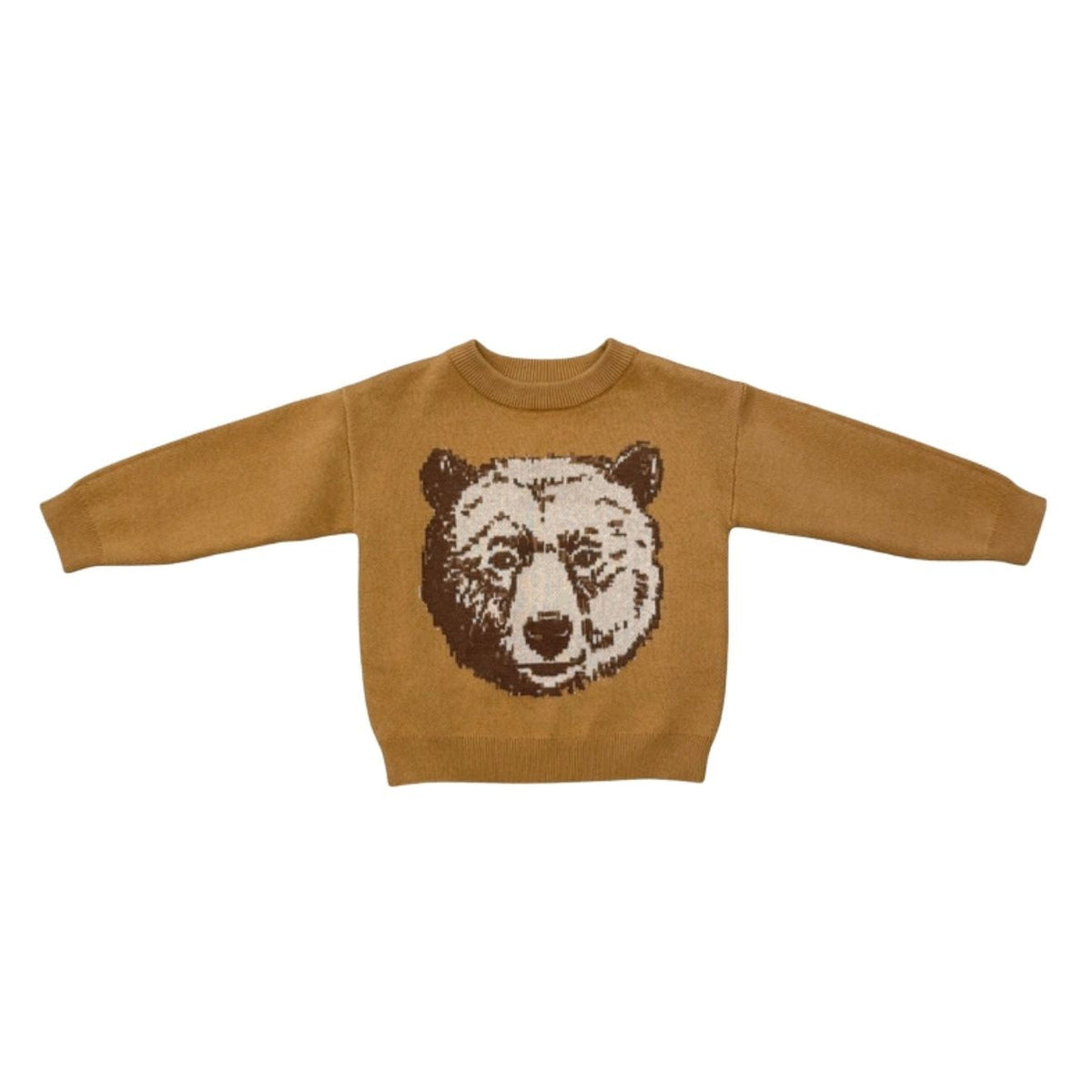 A toddler's long-sleeve knit sweater in a warm camel brown color, featuring a large knitted bear head graphic on the chest in dark brown and cream.