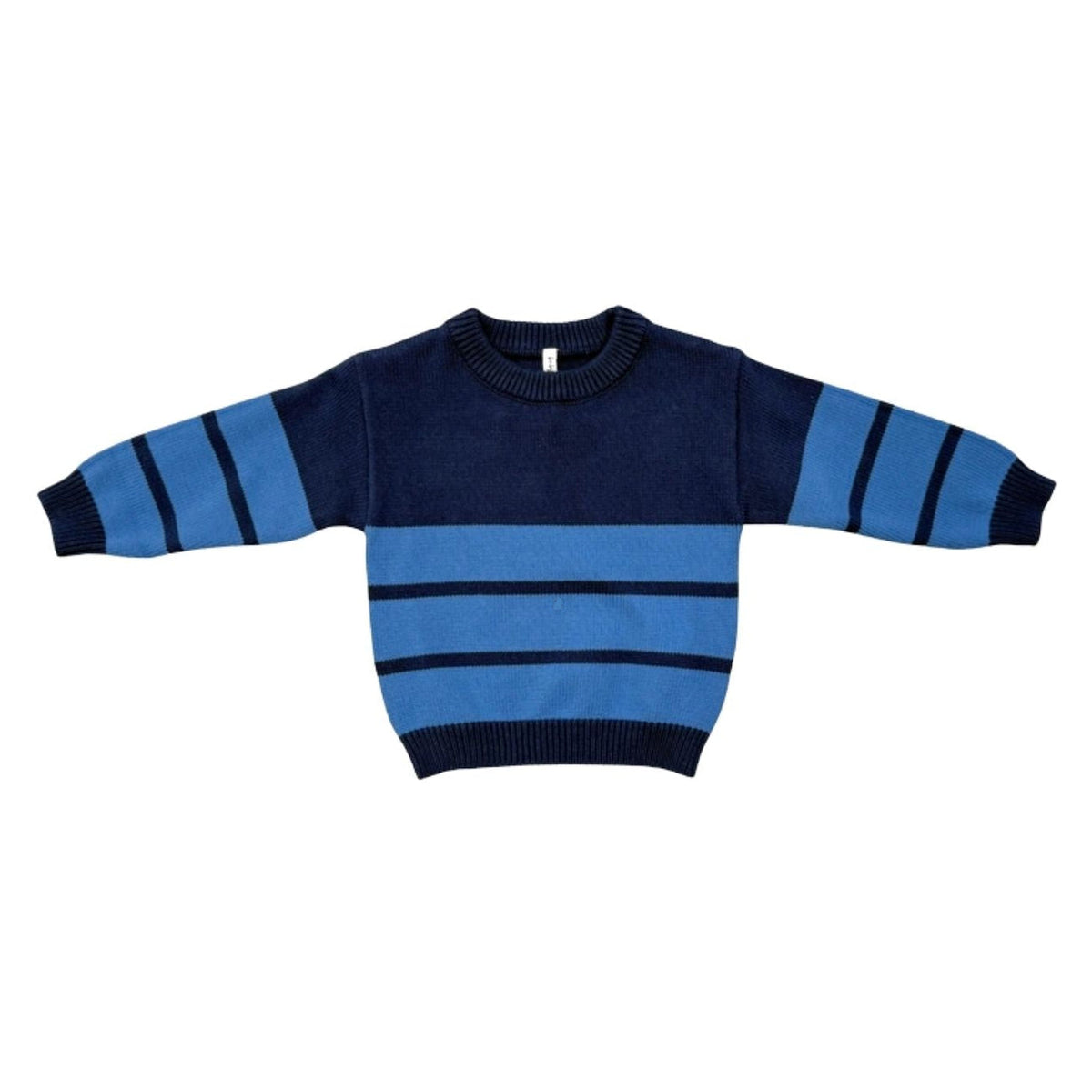 A children's knit sweater with a dark navy blue body, featuring horizontal light blue stripes across the chest and sleeves, and dark navy stripes on the cuffs and collar, shown flat on a white background.