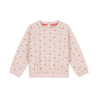 A light pink long-sleeve sweatshirt for children, featuring an all-over print of small teddy bears and hearts in brown and red, with a coral pink inner collar lining. The sweatshirt has a crew neck, ribbed cuffs, and front patch pockets, shown flat on a white background.