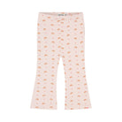 A pair of light pink flared leggings with an all-over repeating pattern of small orange-brown teddy bears and tiny red hearts, shown flat against a white background.