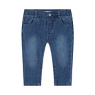 A pair of children's blue denim jeans with a straight, slightly tapered leg, shown flat against a solid white background.