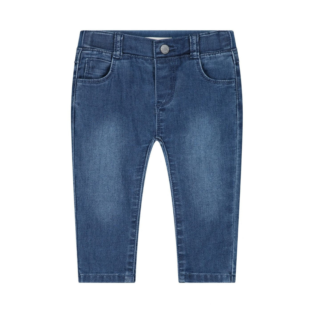 A pair of children's blue denim jeans with a straight, slightly tapered leg, shown flat against a solid white background.